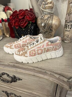 Free People Woven Crochet Platform Sneakers - Pink & Tan